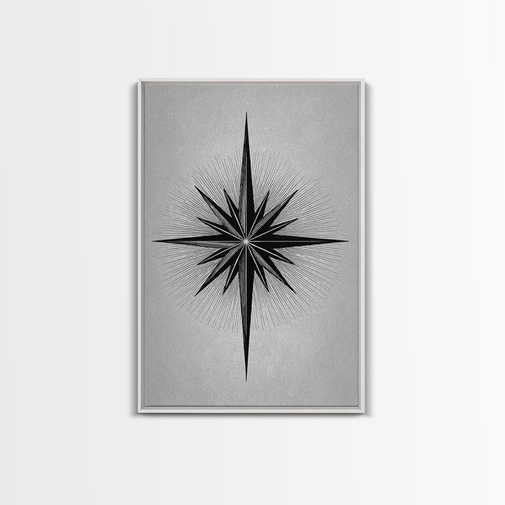 Black Compass Starburst Framed Canvas Print, Midcentury Modern Art, Geometric Wall Decor, Minimalist Art Print, Retro Decor