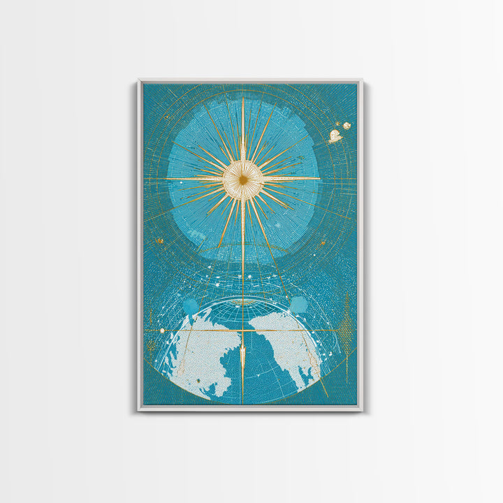 Turquoise Celestial Earth Sunburst Wall Art, Midcentury Modern Space Poster, Atomic Retro Map Print, Blue Office Decor Gift