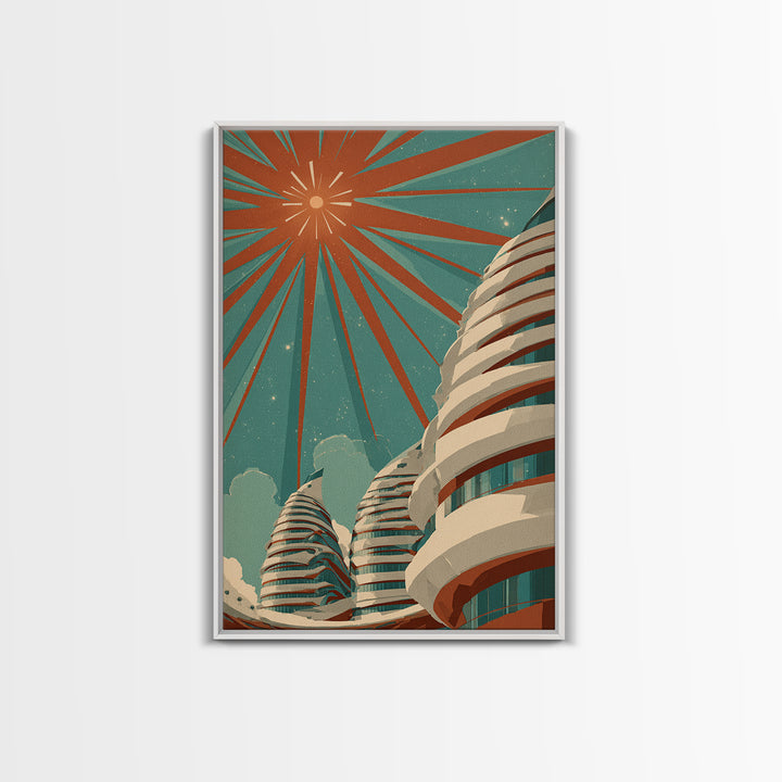 Retro Futurist Towers Wall Art, Midcentury Modern Art, Architectural Art, Palm Springs Art, Travel Poster, Teal Orange Decor