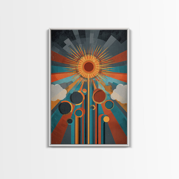 Geometric Solar Eclipse With Retro Planets Wall Art, Midcentury Modern Abstract Poster, Atomic Space Decor, Colorful MCM Print