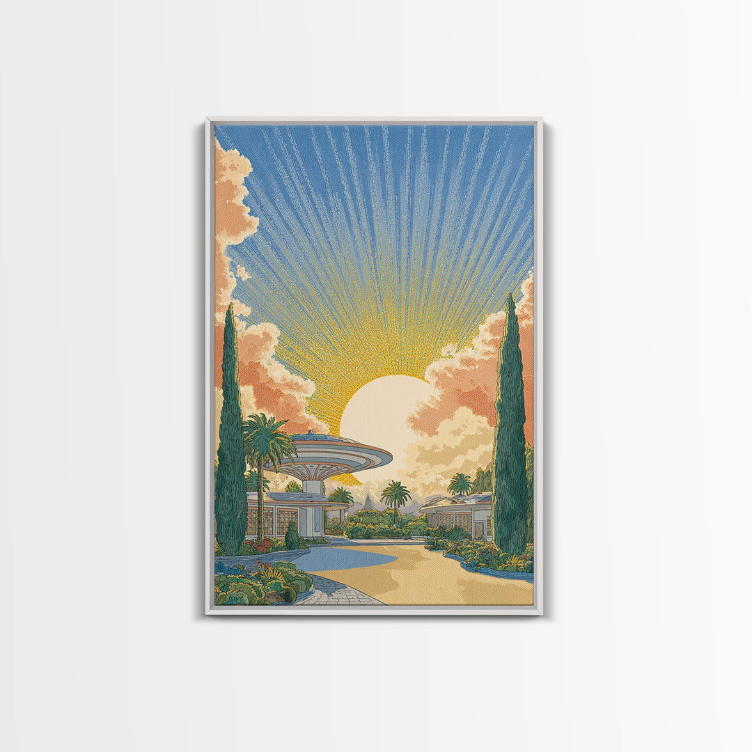 Futuristic Desert Resort Sunrise Wall Art, Midcentury Modern Architecture Poster, Palm Springs Decor, Retro Travel Print
