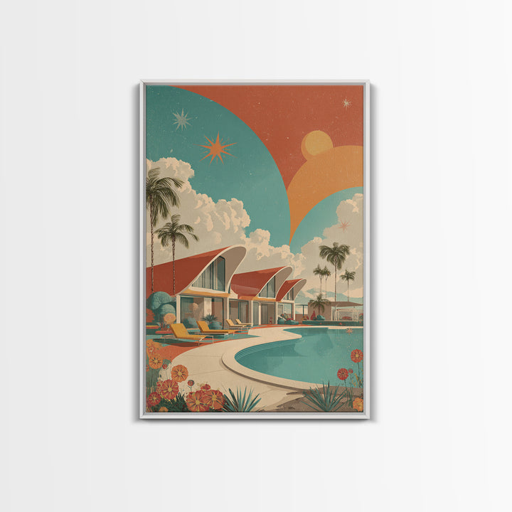 Retro Palm Springs Pool Homes Framed Canvas Print, Midcentury Modern Wall Art, Atomic Ranch Decor, Tropical Sunset Poster