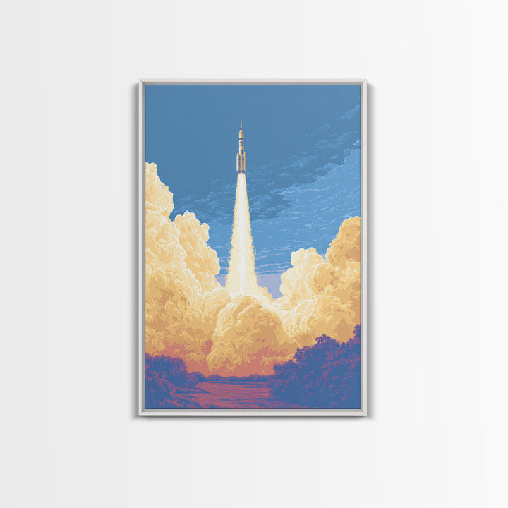Rocket Launch Through Golden Clouds Wall Art, Retro Space Poster, Sci Fi Wall Decor, Modern Art Print For Office And Man Cave