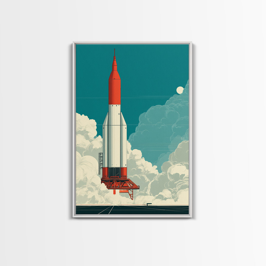 Red Rocket Lift Off In Teal Sky Canvas Print, Retro Space Wall Art, Midcentury Modern Sci Fi Poster, Boys Room Decor Gift