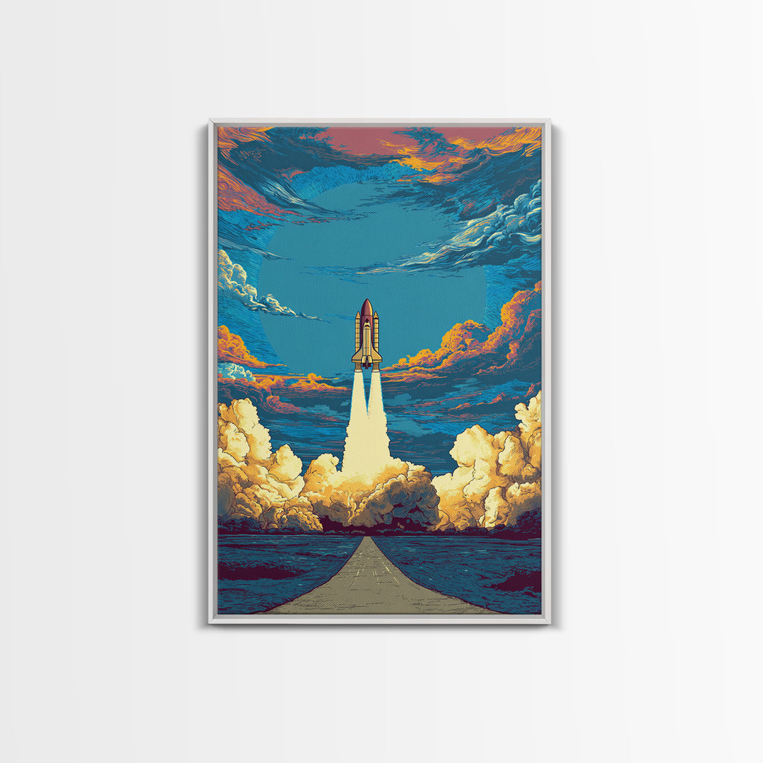 Space Shuttle Rising Over Ocean Road Framed Canvas Print, Retro Sci Fi Wall Art, Modern Space Poster, Dramatic Cloud Decor