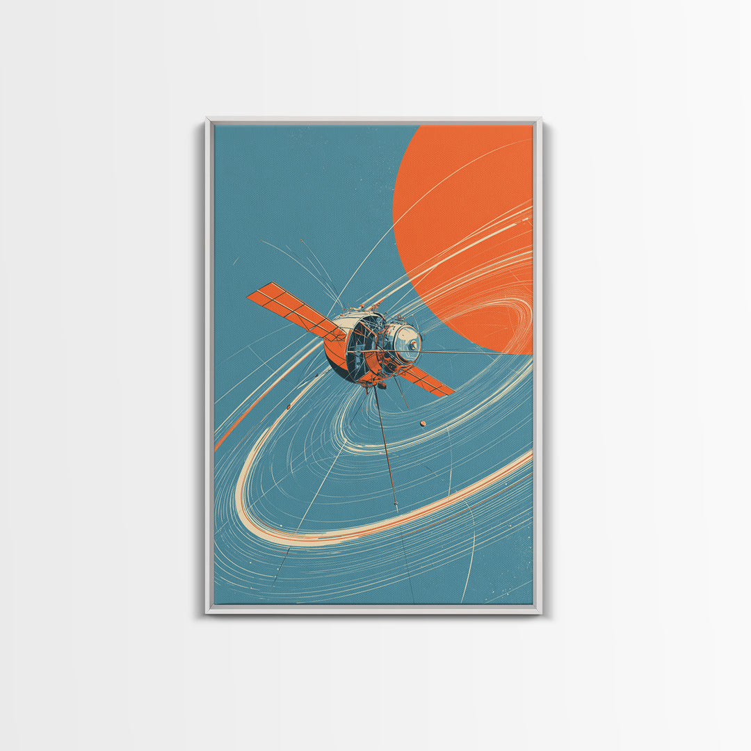 Retro Satellite With Orange Sun, Cosmic Orbit Wall Art, Mid Century Modern Space Poster, Sci Fi Decor, MCM Home Print Gift