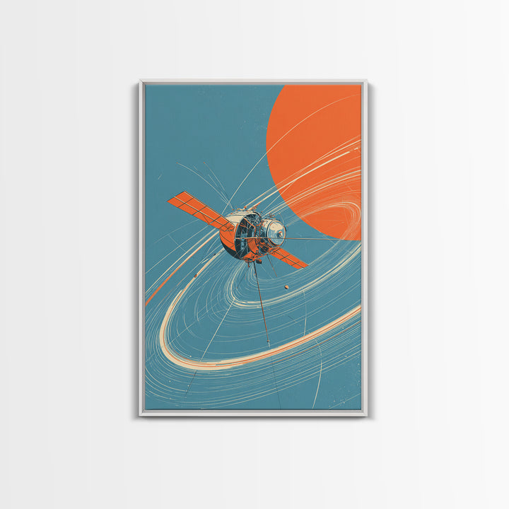 Retro Satellite With Orange Sun, Cosmic Orbit Wall Art, Mid Century Modern Space Poster, Sci Fi Decor, MCM Home Print Gift