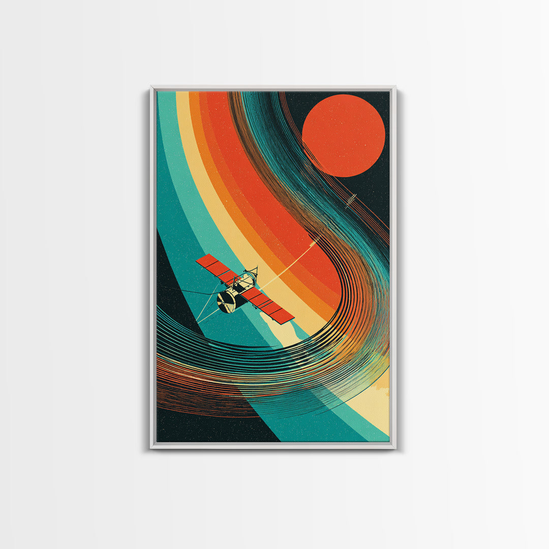 Satellite By Rainbow Planetary Rings, Red Sun Canvas Print, Retro Sci Fi Space Poster, Mid Century Modern Wall Decor Gift