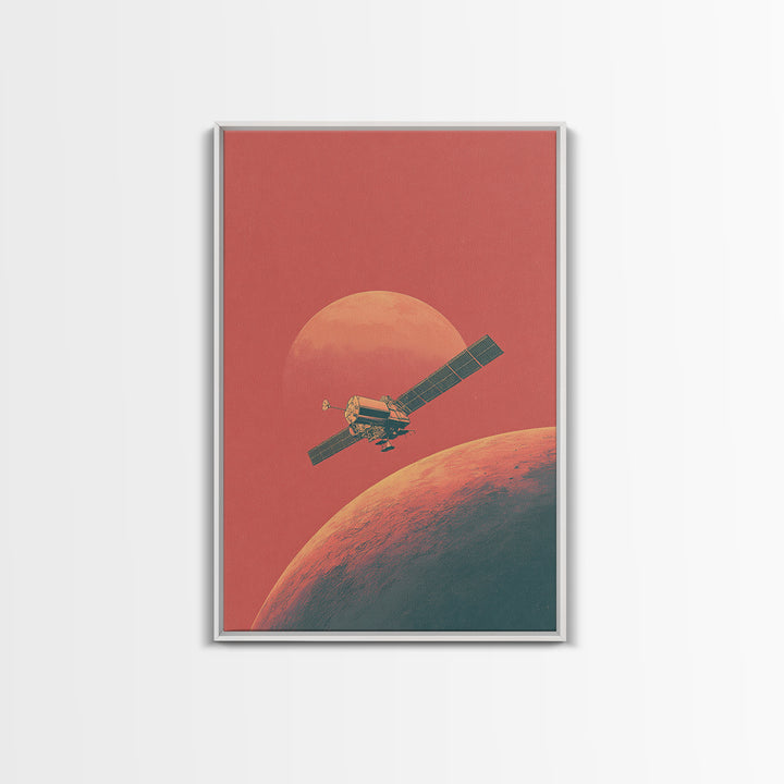 Coral Mars Satellite Over Desert Planet Canvas Print, Minimal Retro Space Poster, Mid Century Modern Home Office Decor Gift