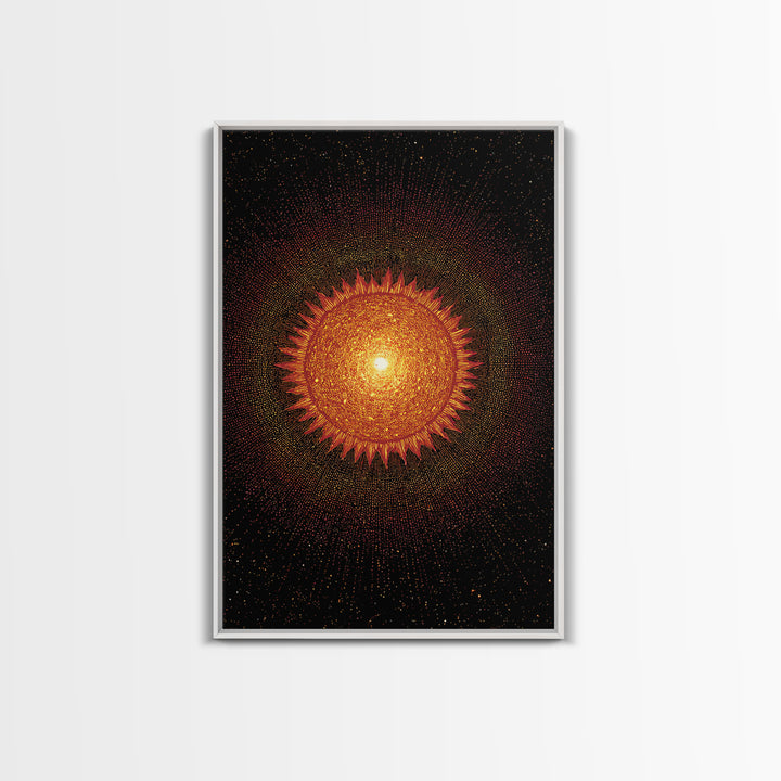 Fiery Abstract Sun Mandala On Black Wall Art, Cosmic Retro Poster, Mid Century Modern Decor, Orange Celestial Print Gift