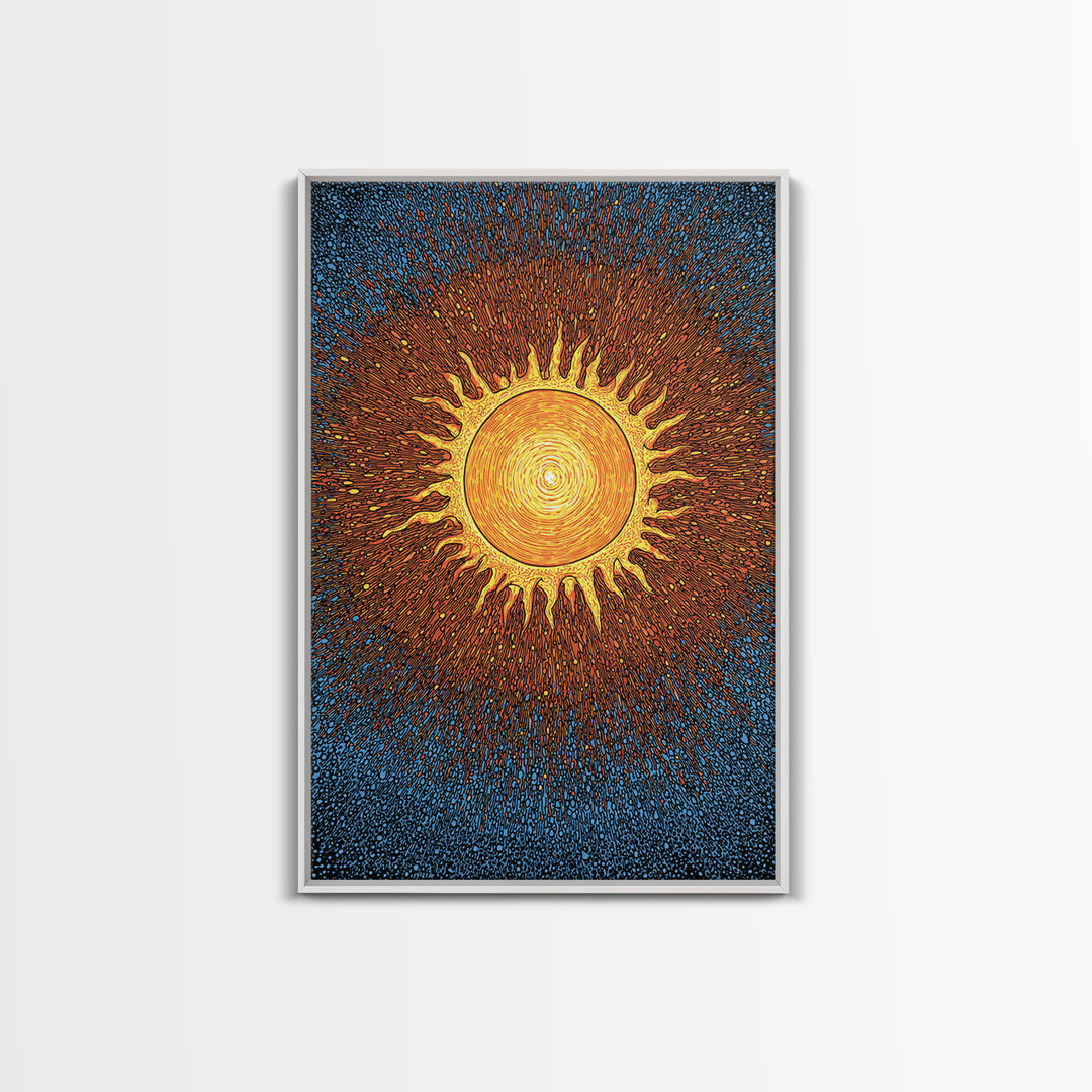 Radiant Orange Sunburst With Blue Texture Canvas Print, Cosmic Wall Art, Mid Century Modern Poster, Groovy Retro Decor Gift