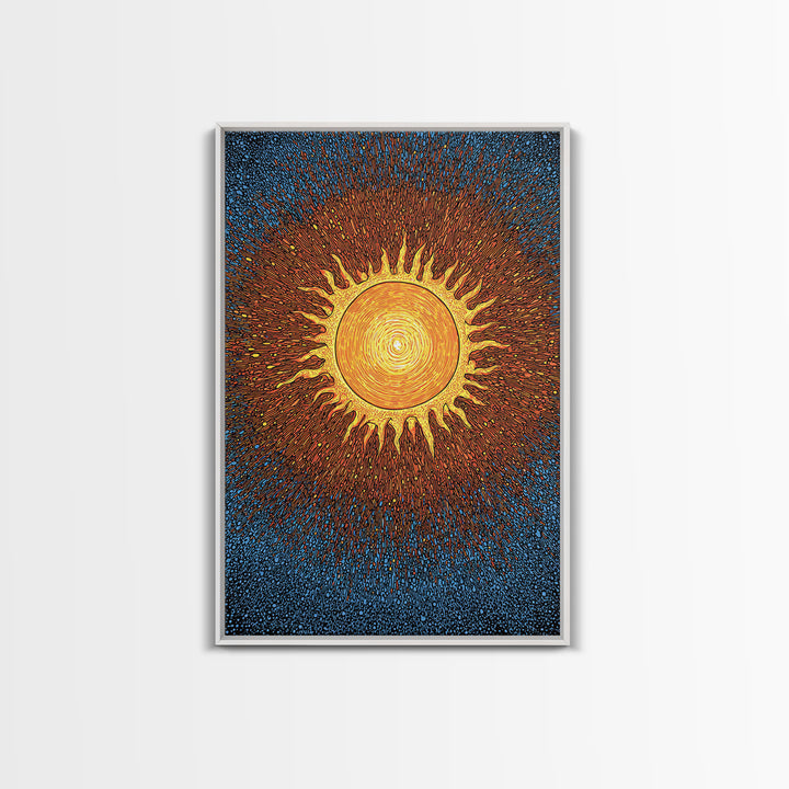 Radiant Orange Sunburst With Blue Texture Canvas Print, Cosmic Wall Art, Mid Century Modern Poster, Groovy Retro Decor Gift