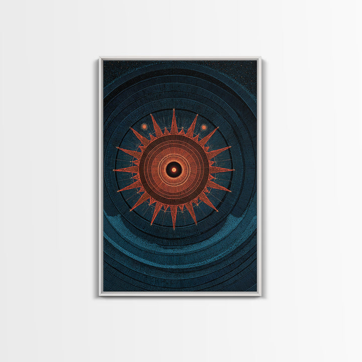 Mystic Solar Eclipse Compass Mandala Wall Art, Retro Sci Fi Poster, Modern Abstract Art Print, Teal Orange MCM Decor Gift