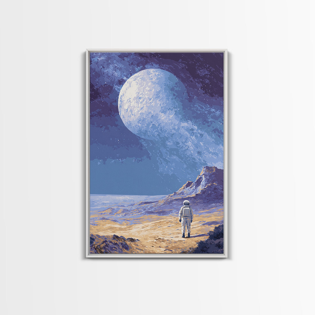 Lonely Astronaut On Icy Moon Wall Art, Retro Sci Fi Space Poster, Blue Planet Landscape, Modern MCM Room Decor Print Gift