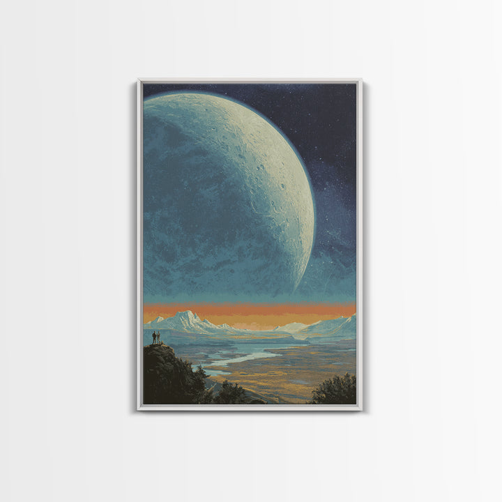 Vast Alien Planet Vista Wall Art, Retro Sci Fi Landscape Poster, Midcentury Modern Space Decor, Cosmic Explorer Print Artwork