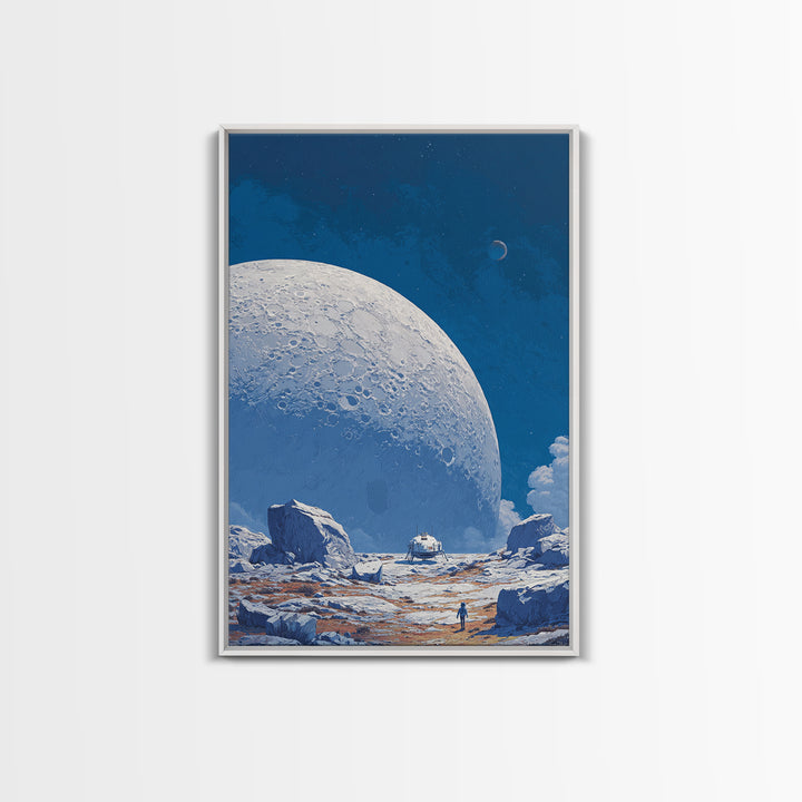 Blue Lunar Base With Astronaut Wall Art, Giant Moon Sci Fi Poster, Modern Space Landscape, Retro Futuristic Room Decor Print