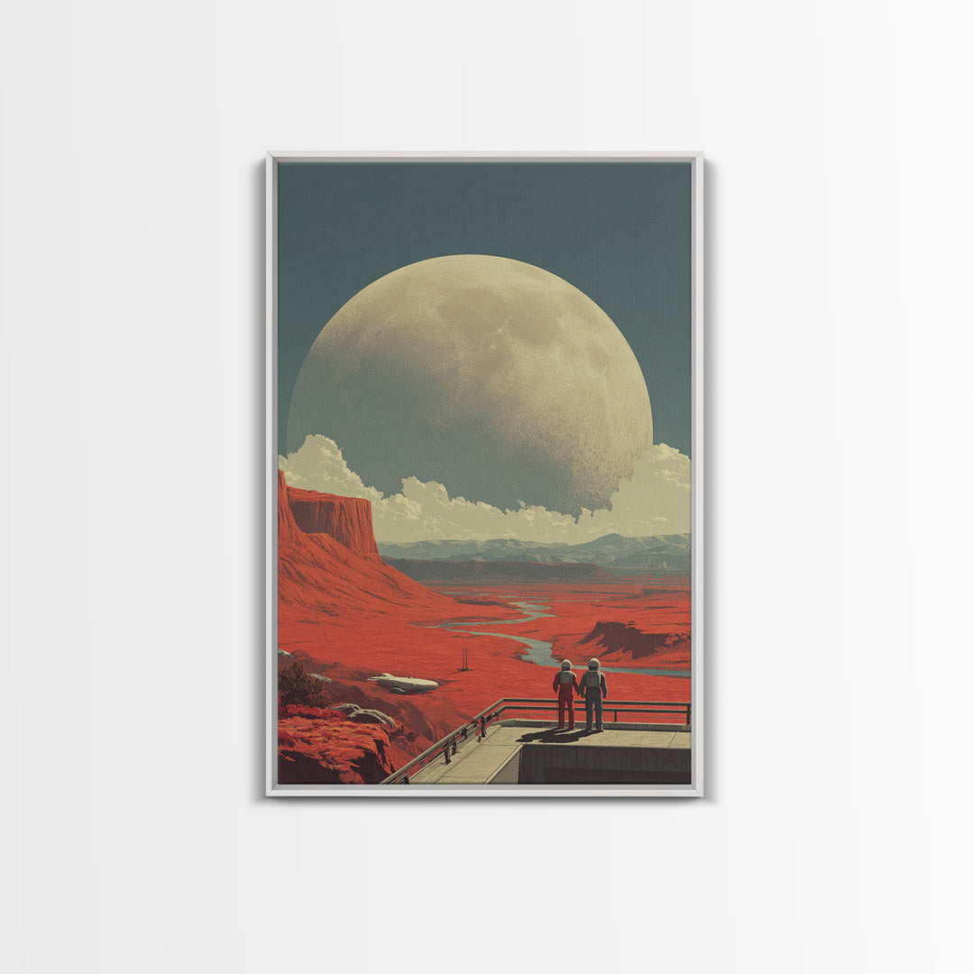 Red Mars Desert Astronauts Framed Canvas Print, Giant Moon Space Poster, Retro Sci Fi Landscape, Midcentury Modern Decor
