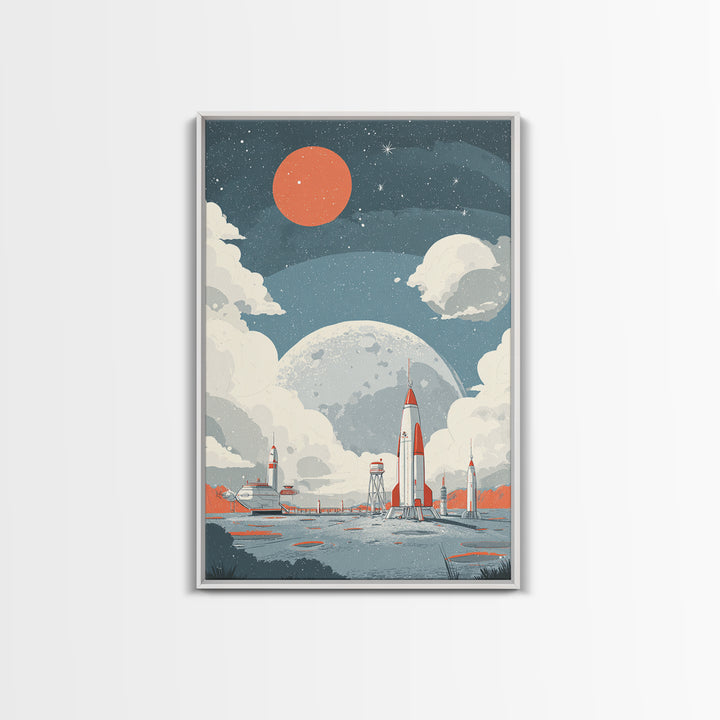 Retro Rocket Spaceport In Clouds Canvas Print, Moon Colony Wall Art Poster, Midcentury Modern Sci Fi Nursery Room Decor Print