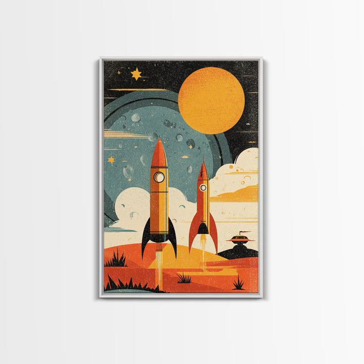 Orange Atomic Rockets And Sun Wall Art, Retro Space Age Poster, Midcentury Modern Sci Fi Decor, Bold MCM Canvas Print Gift