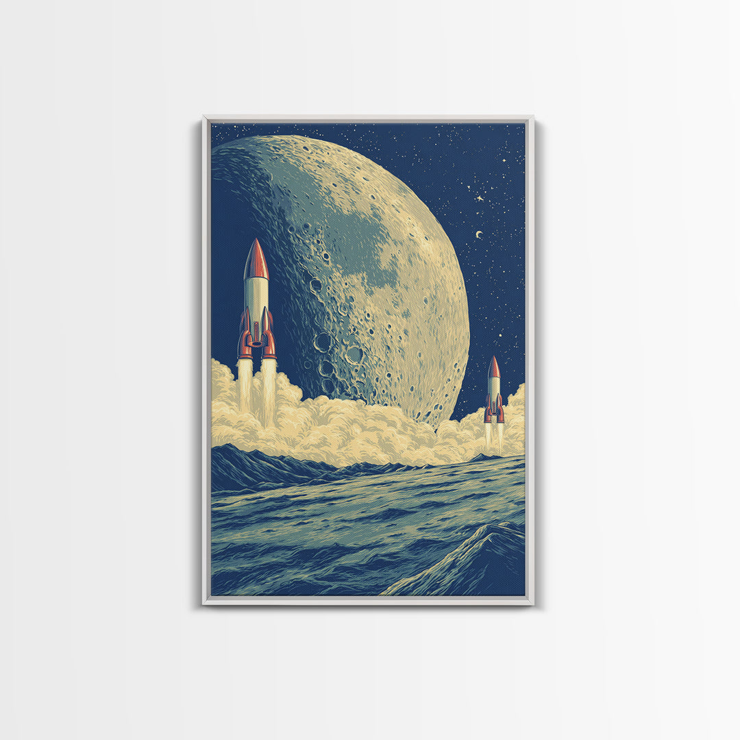 Rockets Launch From Lunar Waves Canvas Print, Giant Moon Sci Fi Poster, Retro Futuristic Wall Art, Space Age Room Decor Print