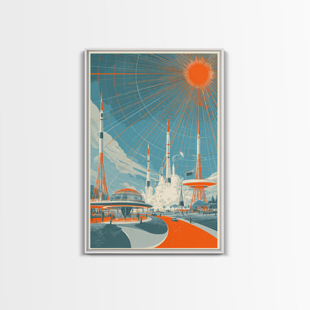 Retro Futuristic Rocket City Wall Art, Orange Sun Spaceport Poster, Midcentury Modern Sci Fi Decor, Atomic Ranch Print Gift