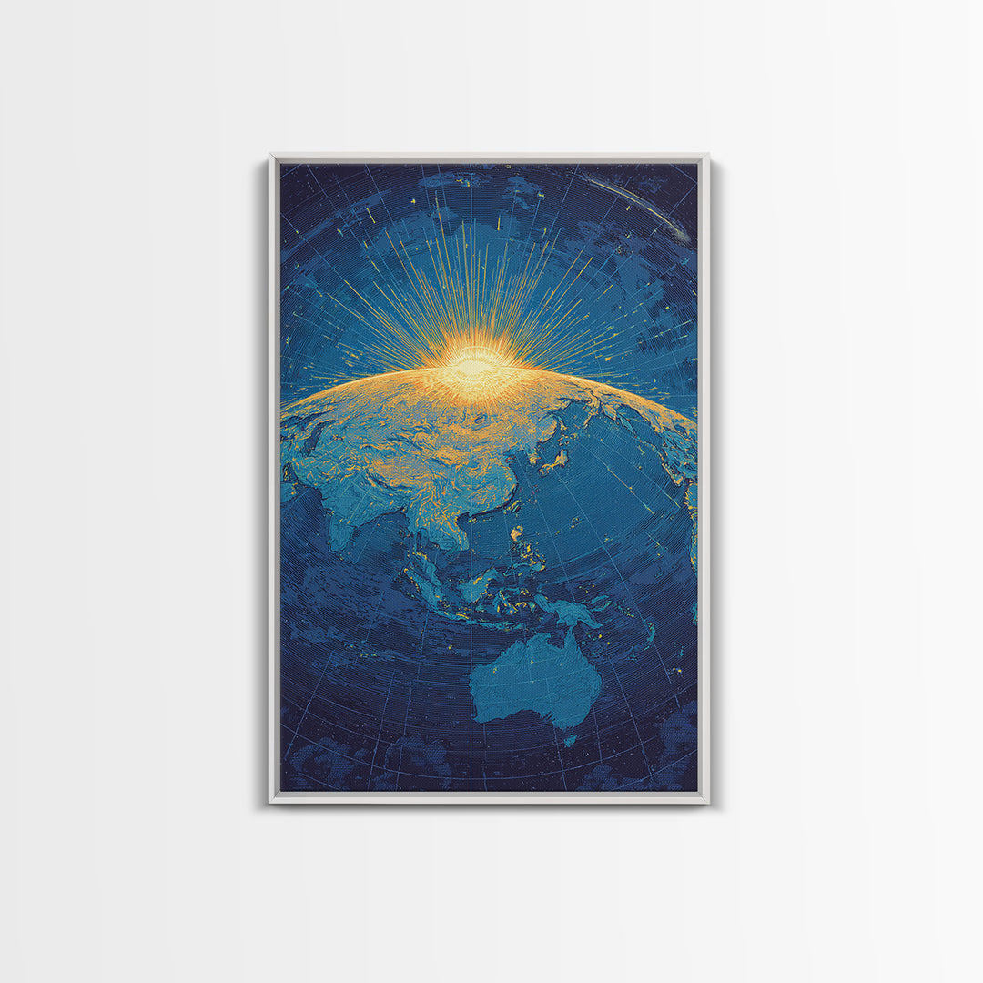 Golden Sunrise Over Earth Canvas Print, Midcentury Modern Map Art, Blue Space Poster, Retro Travel Office Wall Decor Gift