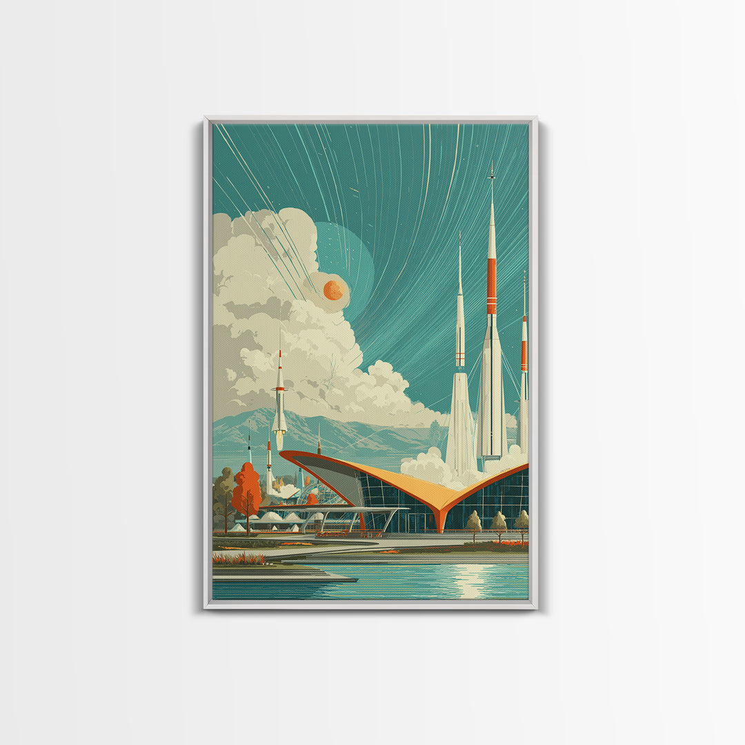 Retro Futuristic Rocket Spaceport With Teal Sky Wall Art, Mid Century Modern Sci Fi Poster, Atomic MCM Space Decor Print