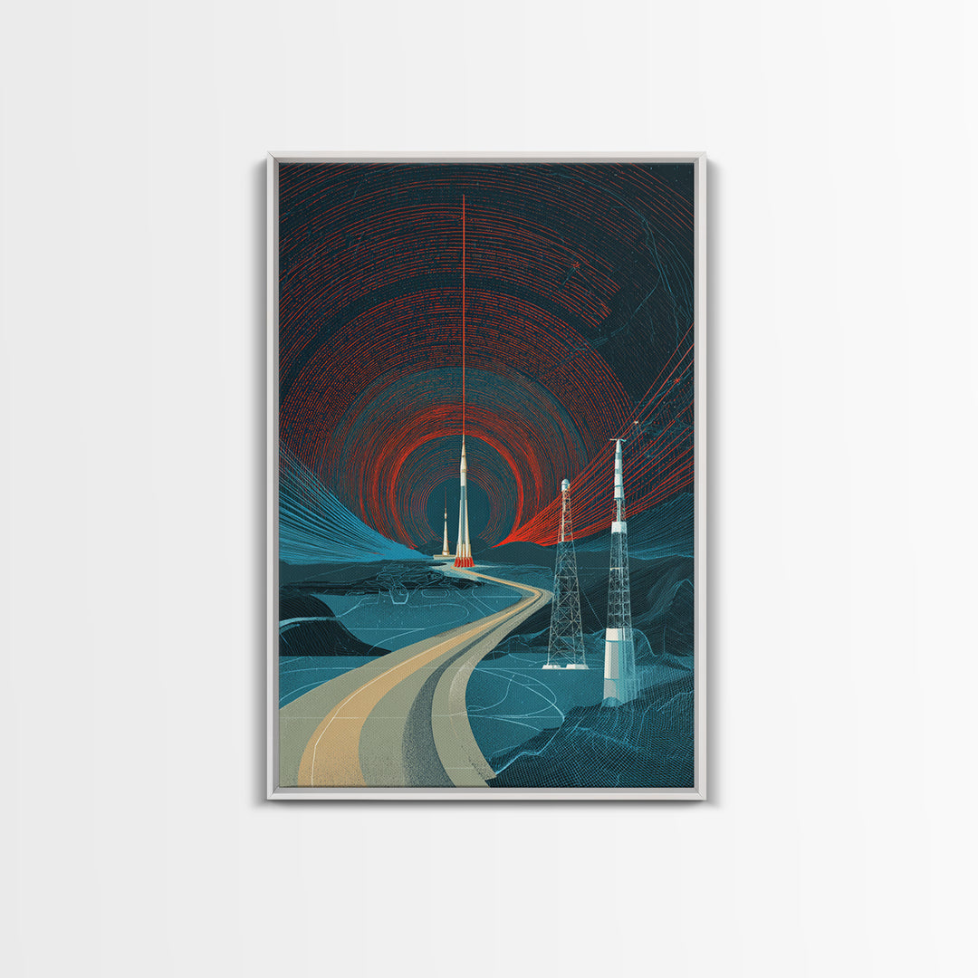 Desert Road To Rocket Launch Wall Art, Mid Century Modern Sci Fi Poster, Retro Space Travel Print, Atomic MCM Home Decor