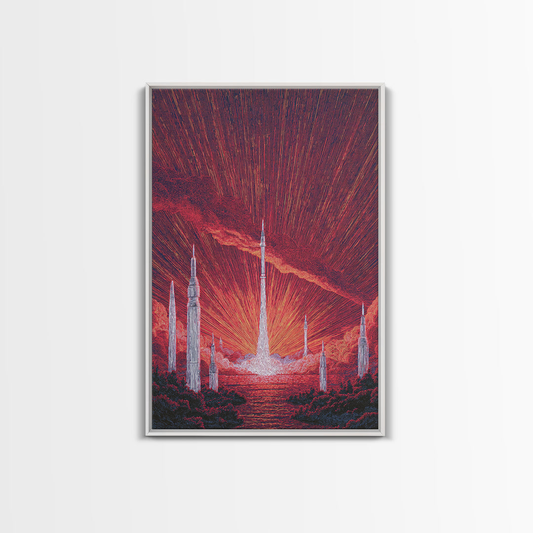Fiery Red Rocket City At Sunrise Wall Art, Mid Century Modern Sci Fi Poster, Atomic Space Landscape, Retro MCM Decor Print