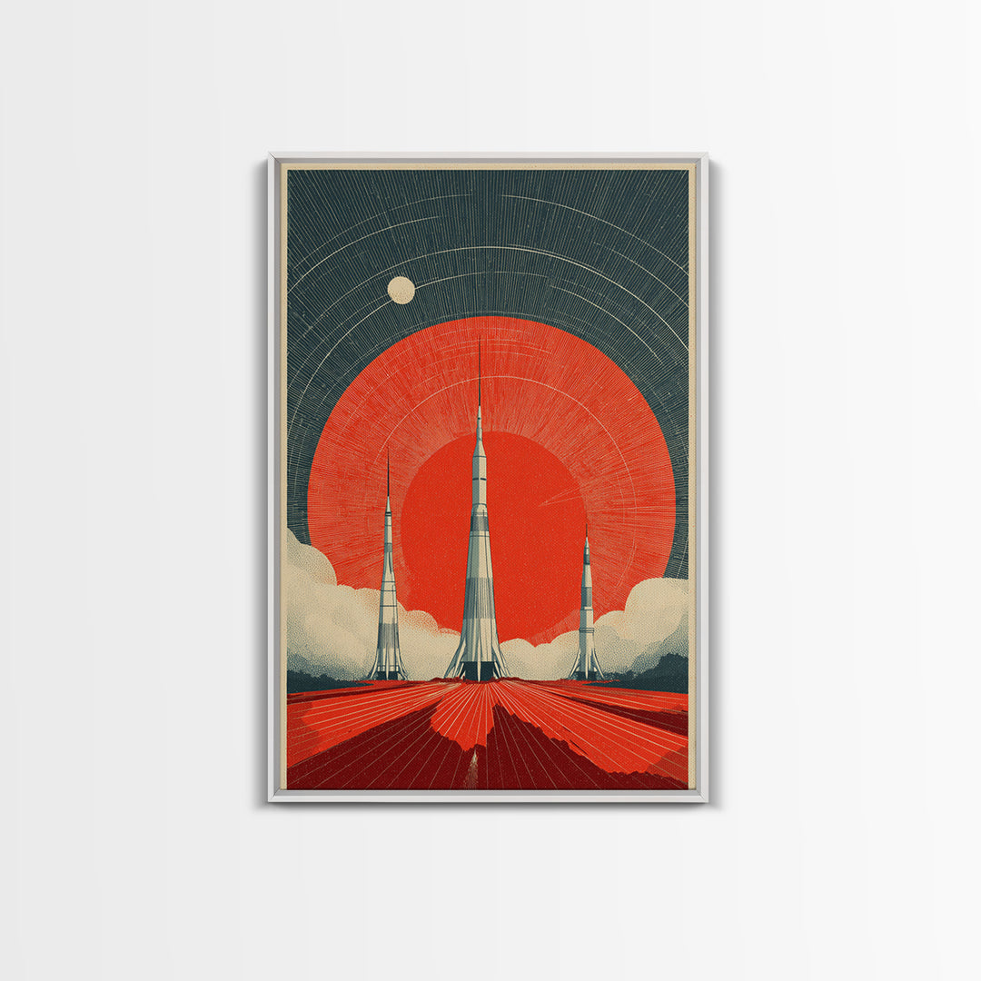 Giant Red Sun Rocket Launch Canvas Print, Mid Century Modern Sci Fi Poster, Atomic Space Art, Retro MCM Wall Decor Print
