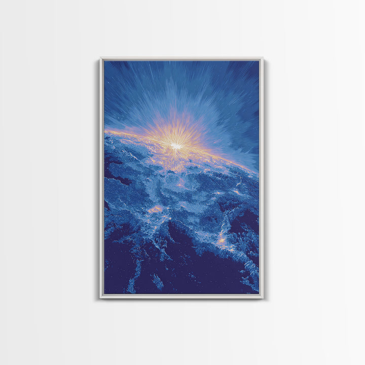 Blue Cosmic Earth Sunrise Framed Canvas Print, Modern Abstract Space Art, Midcentury Poster, Galaxy Home Office Decor Gift
