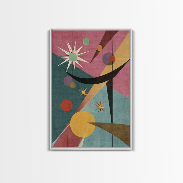 Pink Teal Atomic Starburst Abstract Wall Art, Mid Century Modern Poster, Retro Geometric MCM Living Room Decor Print Gift