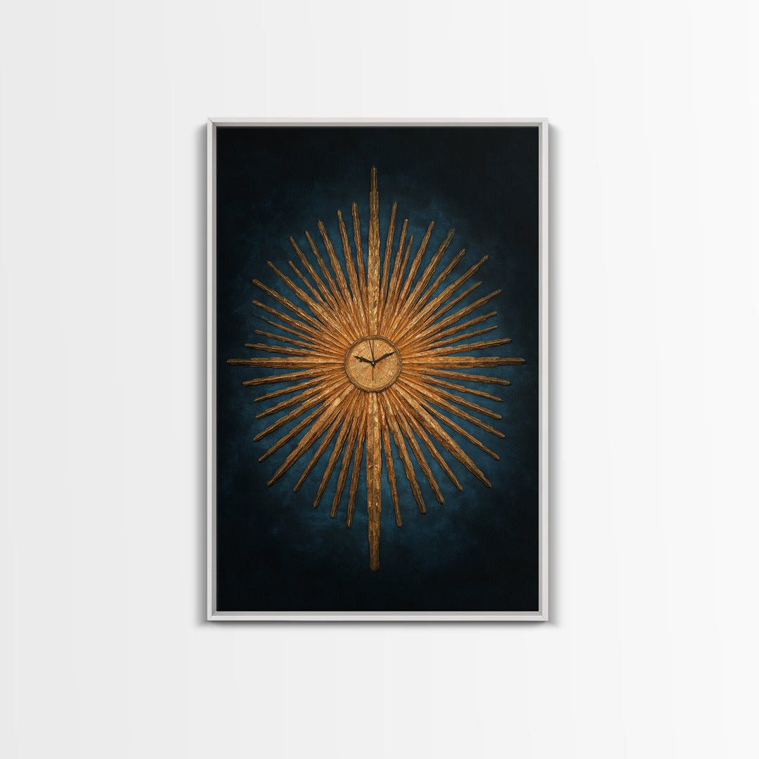Golden Sunburst Clock On Moody Blue Wall Art, Mid Century Modern Decor, MCM Wall Decor, Atomic Retro Art Print, Home Decor