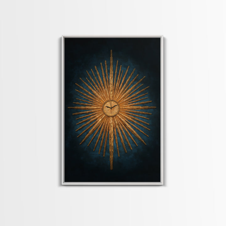 Golden Sunburst Clock On Moody Blue Wall Art, Mid Century Modern Decor, MCM Wall Decor, Atomic Retro Art Print, Home Decor