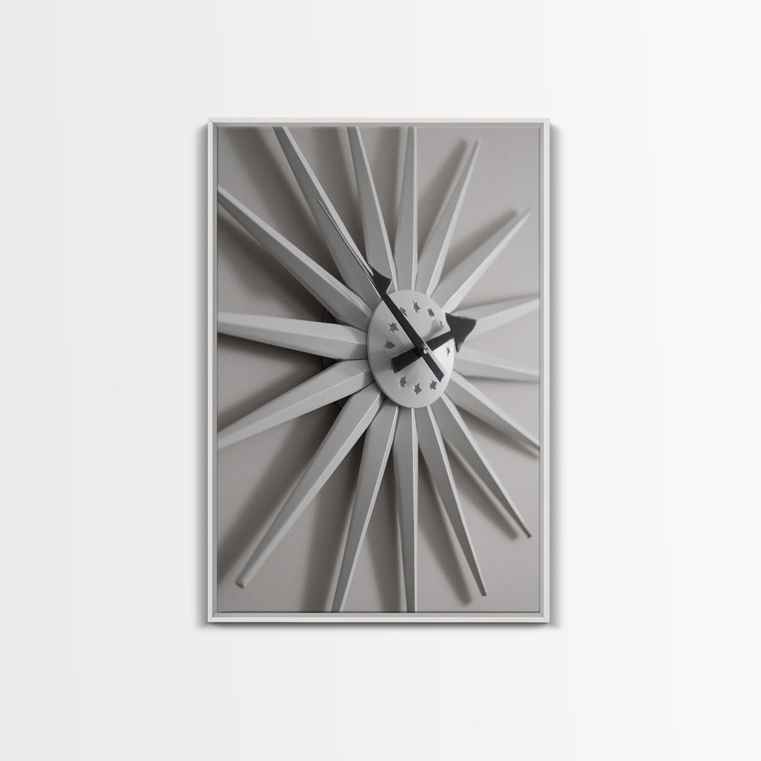 White Starburst Clock With Shadow Wall Art, Mid Century Modern Minimalist Poster, Geometric Wall Art, MCM Decor, Modern Art Print
