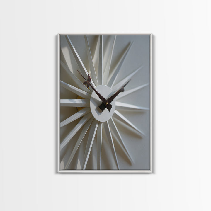 Minimal White Sunburst Clock Framed Canvas Print, Mid Century Modern Decor, Geometric Wall Art, Scandinavian Modern, MCM Artwork