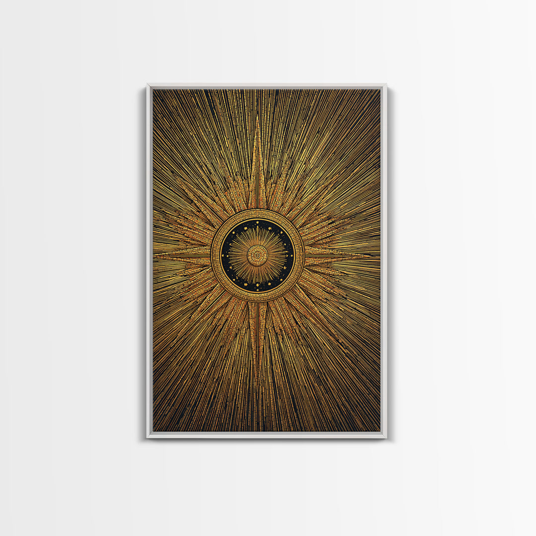 Ornate Gold Sunburst Clock Canvas Print, Midcentury Modern Art, Geometric Art Deco, Atomic Retro Wall Art, Statement Wall Decor
