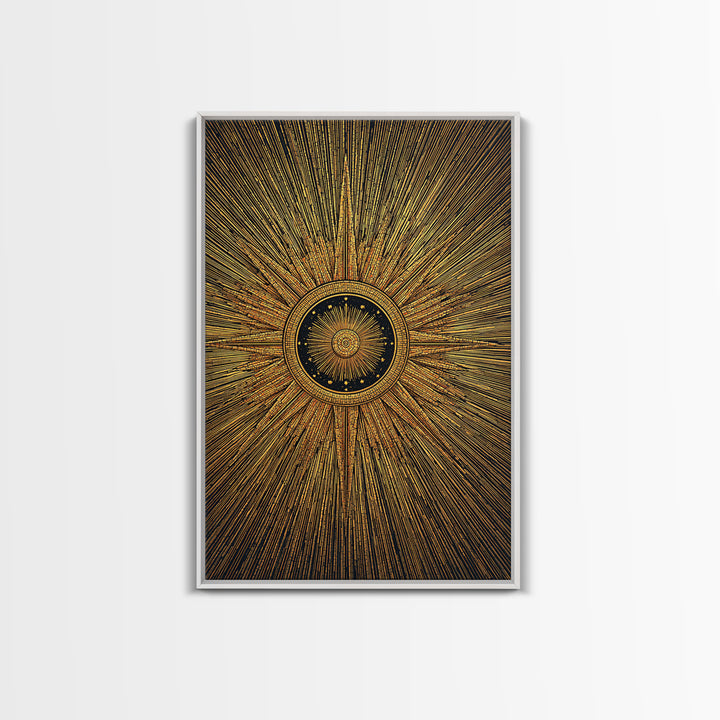 Ornate Gold Sunburst Clock Canvas Print, Midcentury Modern Art, Geometric Art Deco, Atomic Retro Wall Art, Statement Wall Decor