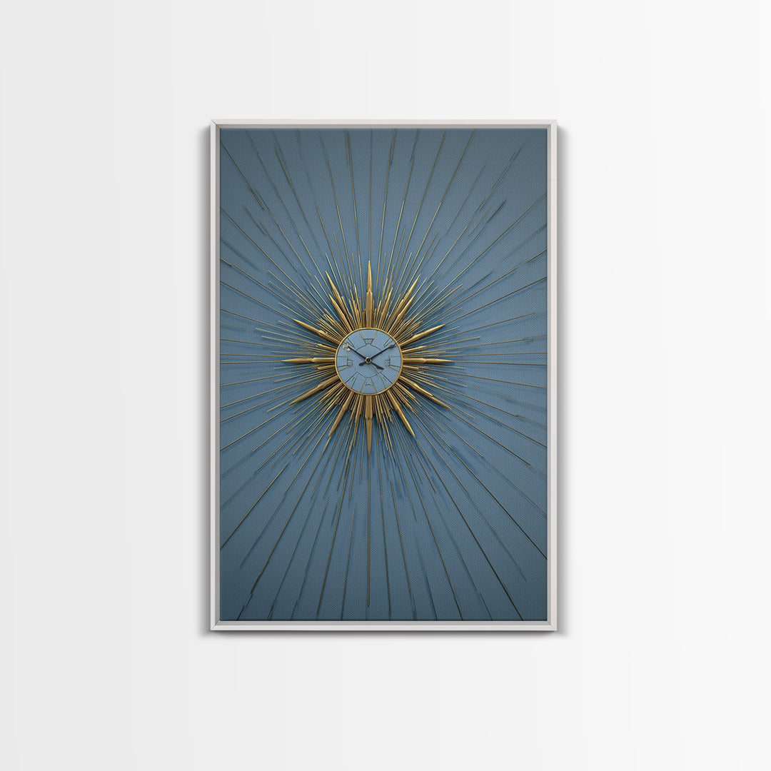 Blue And Gold Starburst Clock Framed Canvas Print, Mid Century Modern Decor, Atomic Wall Art, MCM Artwork, Large Canvas Print