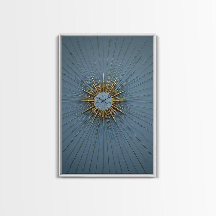 Blue And Gold Starburst Clock Framed Canvas Print, Mid Century Modern Decor, Atomic Wall Art, MCM Artwork, Large Canvas Print
