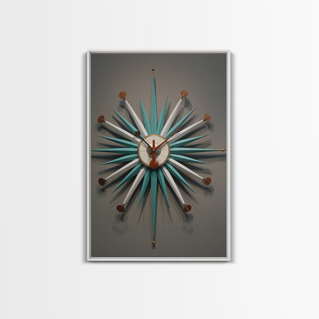 Teal White Atomic Starburst Clock Wall Art, Mid Century Modern Decor, Retro Wall Decor, Geometric Art Print, MCM Home Decor