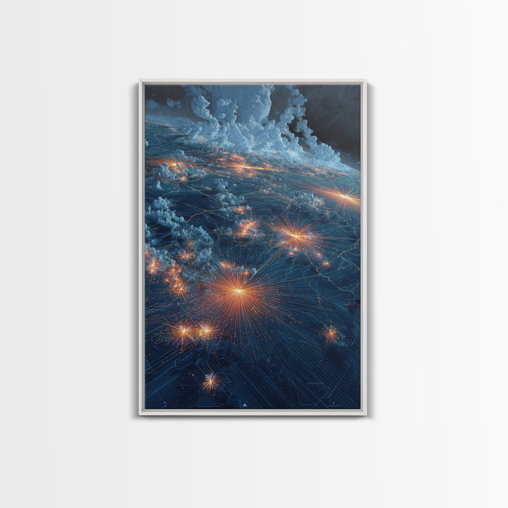 Stormy Earth Lights From Orbit Wall Art, Modern Abstract Space Print, Sci Fi City Map Poster, Blue Office Living Room Decor Gift