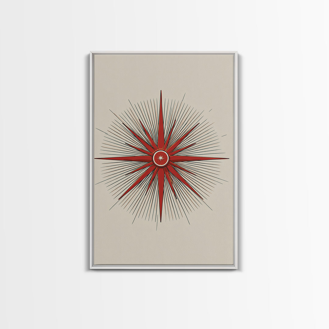 Red Compass Starburst Abstract Canvas Print, Mid Century Modern Art, Atomic Retro Poster, Geometric Wall Art, Minimalist Decor
