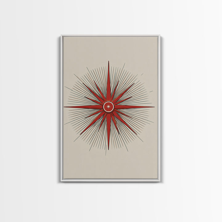 Red Compass Starburst Abstract Canvas Print, Mid Century Modern Art, Atomic Retro Poster, Geometric Wall Art, Minimalist Decor