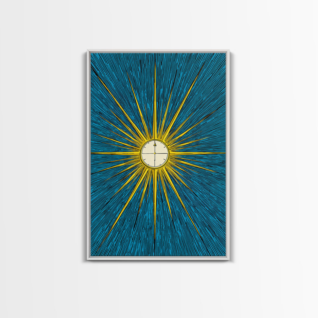 Radiant Atomic Clock Sunburst Wall Art, Midcentury Modern Art Print, Retro Sci Fi Poster, Blue Yellow MCM Decor For Office