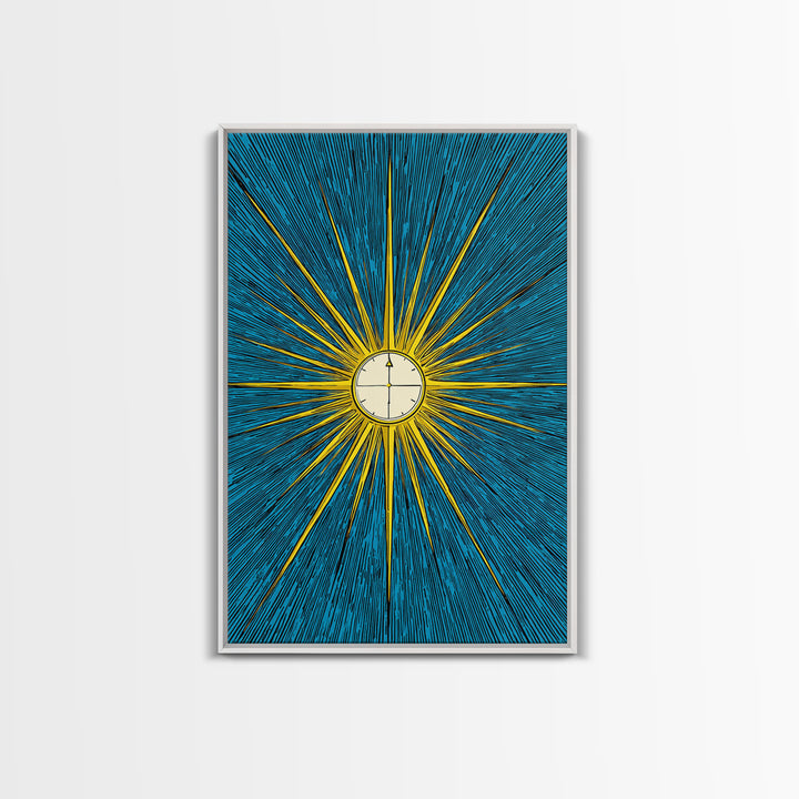 Radiant Atomic Clock Sunburst Wall Art, Midcentury Modern Art Print, Retro Sci Fi Poster, Blue Yellow MCM Decor For Office