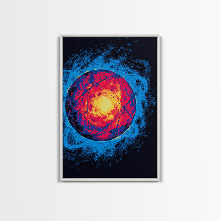 Glowing Quantum Sphere Wall Art, Modern Abstract Art Print, Atomic Retro Poster, Blue Orange Sci Fi Decor For Home Office