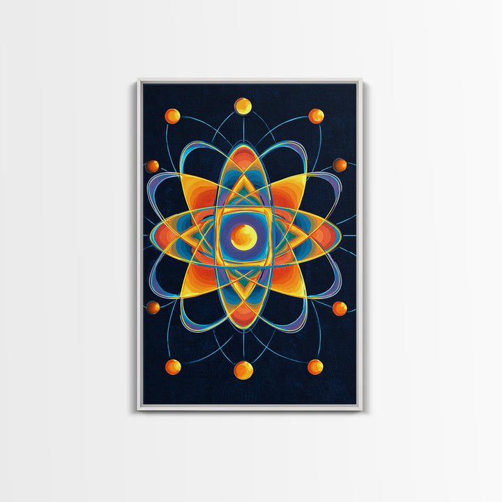 Colorful Atomic Mandala Framed Canvas Print, Midcentury Modern Wall Art, Geometric Sci Fi Poster, Retro Office Decor Gift