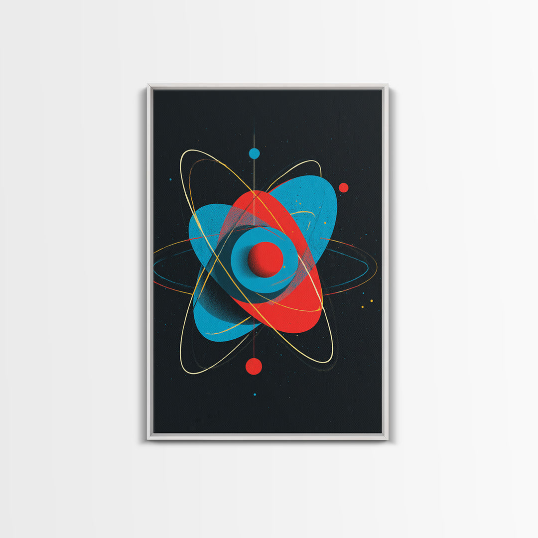 Modern Red Blue Atom Canvas Print, Midcentury Modern Art, Atomic Retro Wall Decor, Space Abstract Poster For Living Room