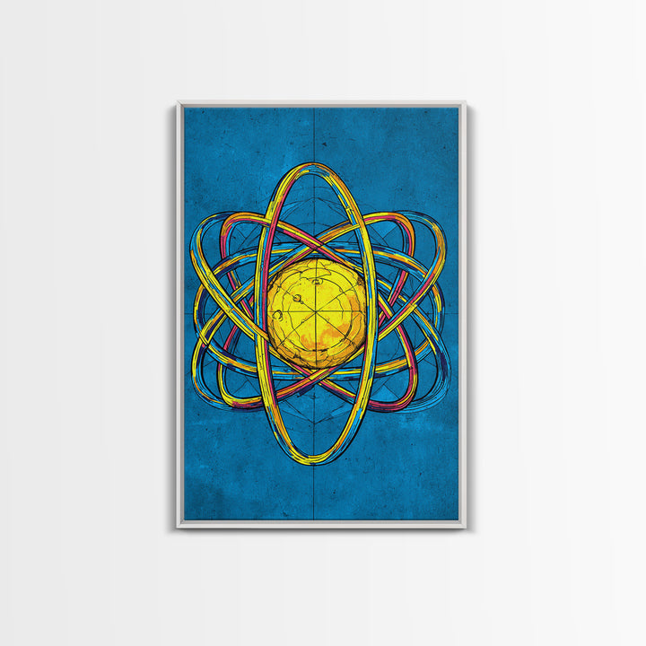 Electric Blue Atom Framed Canvas Print, Midcentury Modern Wall Art, Retro Science Poster, Yellow Orb Decor For Home Office